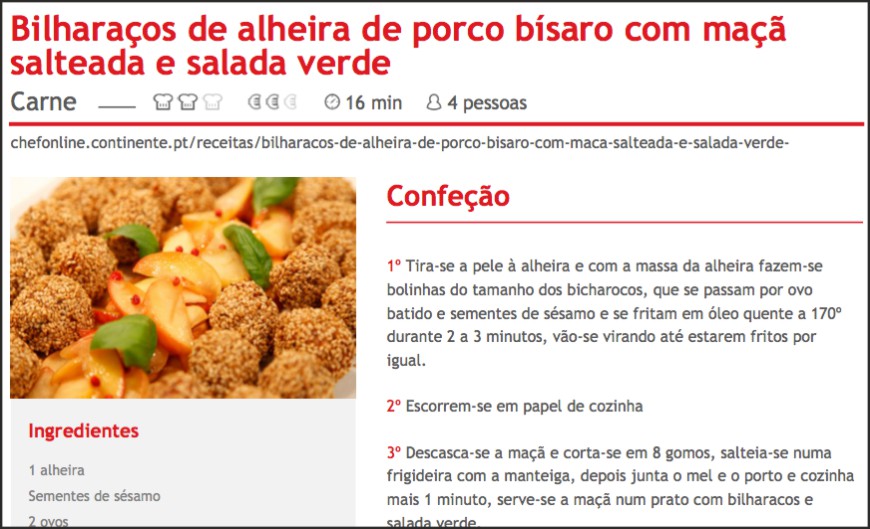 Bilharacos de alheira de porco bísaro com maçã salteada e salada verde